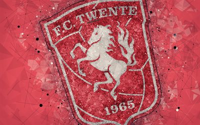 FC Twente, 4k, logotyp, geometriska art, Holl&#228;ndsk fotboll club, r&#246;d bakgrund, Eredivisie, Enschede, Nederl&#228;nderna, kreativ konst, fotboll