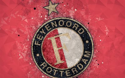فينورد روتردام, 4k, شعار, الهندسية الفنية, الهولندي لكرة القدم, خلفية حمراء, الدوري الهولندي, روتردام, هولندا, الفنون الإبداعية, كرة القدم, نادي فينورد