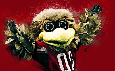 Freddie Falcon, official mascot, Atlanta Falcons, 4k, art, NFL, USA, grunge art, symbol, red background, paint art, National Football League, NFL mascots, Atlanta Falcons mascot, Frederick Falcon