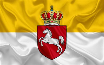 Lipun Hannover, 4k, silkki tekstuuri, keltainen valkoinen silkki lippu, vaakuna, Saksan kaupunki, Hannover, Niedersachsen, Saksa, symbolit