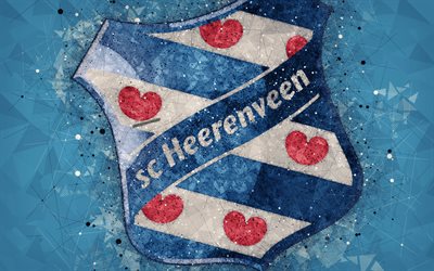sc heerenveen, 4k, logo, geometrische kunst, niederl&#228;ndische fu&#223;ball-club, blauer hintergrund, eredivisie, heerenveen, niederlande, kunst, fu&#223;ball