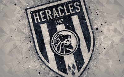 هيراكليس الميلو, 4k, شعار, الهندسية الفنية, الهولندي لكرة القدم, خلفية رمادية, الدوري الهولندي, الميلو, هولندا, الفنون الإبداعية, كرة القدم, هيراكليس FC