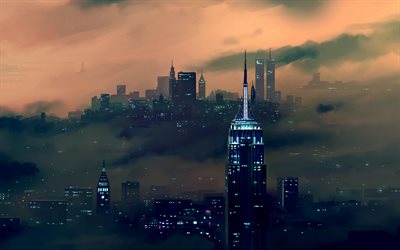 4k, New York City, fog, panorama, Manhattan, NYC, cityscapes, New York, USA, nightscapes, America