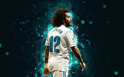Marcelo, 4k, futbol yıldızları, neon ışıkları, Real Madrid, futbol, Marcelo Vieira da Silva Junior, fan sanat, Ligi, futbolcular