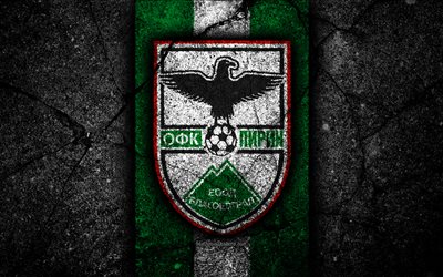 4k, Pirin Blagoevgrad FC, logo, Parva Liga, soccer, black stone, Bulgaria, Pirin Blagoevgrad, emblem, football, asphalt texture, football club, FC Pirin Blagoevgrad