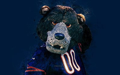 Staley Da Bear, official mascot, Chicago Bears, 4k, art, NFL, USA, grunge art, symbol, blue background, paint art, National Football League, NFL mascots, Chicago Bears mascot
