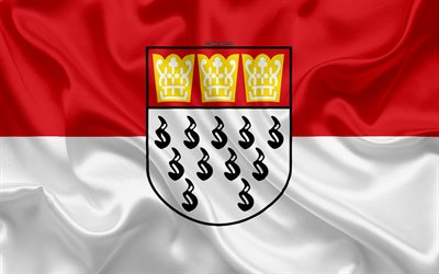 La bandera de la Colonia, 4k, de seda, de textura, de color rojo de seda blanca de la bandera, escudo de armas, de la ciudad alemana de Colonia, Alemania, s&#237;mbolos, Renania del Norte-Westfalia