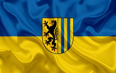 Drapeau de Leipzig, 4k, soie, texture, bleu de soie jaune drapeau, les armoiries, la ville allemande de Leipzig, Saxe, Allemagne, symboles