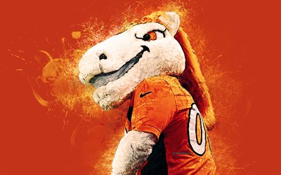 Miles, official mascot, Denver Broncos, 4k, art, NFL, USA, grunge art, symbol, orange background, paint art, National Football League, orange horse, NFL mascots, Denver Broncos mascot