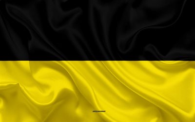 Bandiera di Monaco di baviera, 4k, seta, texture, giallo di seta nera, bandiera, stemma, citt&#224; tedesca di Monaco di baviera, Baviera, Germania, simboli