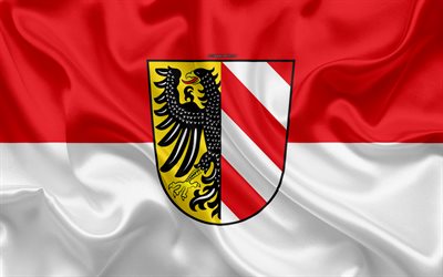 Flag of Nuremberg, 4k, silk texture, red white silk flag, coat of arms, German city, Nuremberg, Bavaria, Germany, symbols