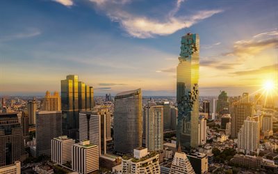 Bangkok, edificio moderno, metropolis, puesta de sol, Tailandia, Asia