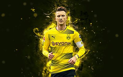 4k, Marco Reus, arte astratta, stelle del calcio, Borussia Dortmund, calcio, Reus, BVB, Bundesliga, i calciatori, luci al neon, il Borussia Dortmund FC