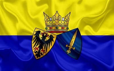 Flag of Essen, 4k, silk texture, yellow blue silk flag, coat of arms, German city, North Rhine-Westphalia, Essen, Germany, symbols