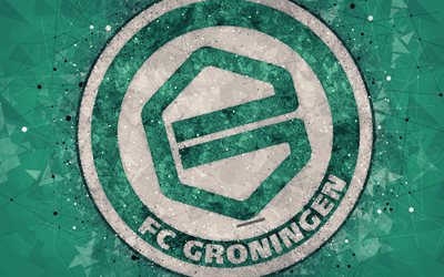 FC Groningen, 4k, le logo, l&#39;art g&#233;om&#233;trique, n&#233;erlandais club de football, fond vert, Eredivisie, Groningen, pays-bas, art cr&#233;atif, football
