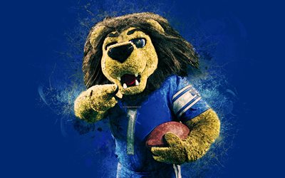 Roary, la mascotte officielle de l&#39;, Lions de Detroit, 4k, de l&#39;art, de la NFL, etats-unis, grunge art, symbole, fond bleu, peinture de l&#39;art, de la Ligue Nationale de Football, la NFL, de mascottes, de Lions de Detroit de la mascotte