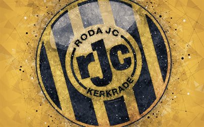 Roda JC Kerkrade, 4k, logotyp, geometriska art, Holl&#228;ndsk fotboll club, gul bakgrund, Eredivisie, Kerkrade, Nederl&#228;nderna, kreativ konst, fotboll, Roda FC