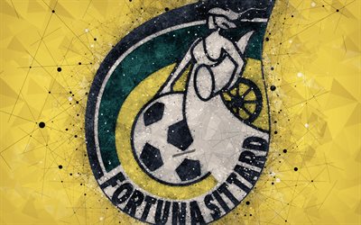 Fortuna Sittard, 4k, logo, geometric art, Dutch football club, yellow background, Eredivisie, Sittard, Netherlands, creative art, football