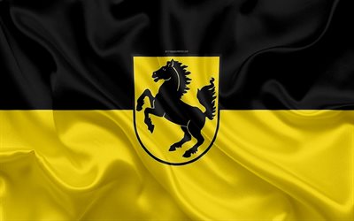 Lipun Stuttgart, 4k, silkki tekstuuri, keltainen musta silkki lippu, vaakuna, Saksan kaupunki, Stuttgart, Saksa, symbolit, Baden-W&#252;rttemberg