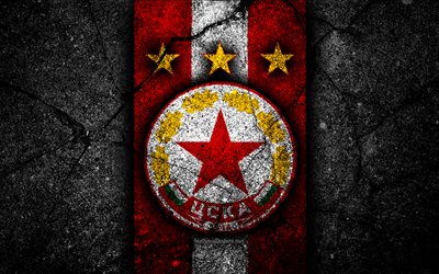 4k, CSKA Sofia FC, logo, Parva Liga, soccer, black stone, Bulgaria, CSKA Sofia, emblem, football, asphalt texture, football club, FC CSKA Sofia