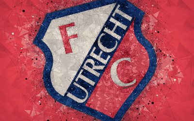 FC Utrecht, 4k, logotyp, geometriska art, Holl&#228;ndsk fotboll club, r&#246;d bakgrund, Eredivisie, Utrecht, Nederl&#228;nderna, kreativ konst, fotboll