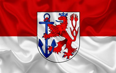 Flag of Dusseldorf, 4k, silk texture, red white silk flag, coat of arms, German city, Dusseldorf, Germany, symbols