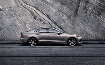Volvo S60, 2019, esterno, 4k, vista laterale, la nuova S60 grigio, berlina, auto svedese Volvo
