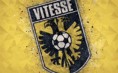 SBV Vitesse, 4k, logo, geometrinen taide, Hollantilainen jalkapalloseura, keltainen tausta, Eredivisie, Arnhem, Alankomaat, creative art, jalkapallo, Vitesse FC
