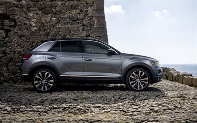 Volkswagen T-Roc, 2018, vista lateral, de cruce, de nuevo gris T-Roc, exterior, los coches alemanes, Volkswagen