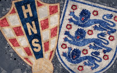 Kroatia vs England, geometrinen taide, abstraktio, Kierros 4, 4k, V&#228;lier&#228;ss&#228;, logo, 2018 FIFA World Cup, Ven&#228;j&#228; 2018, 11 hein&#228;kuuta, jalkapallo-ottelu, creative art, jalkapallo-ottelu promo