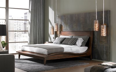 stylish bedroom design, modern interior, large dark wooden bed, stylish lamps, modern interior design