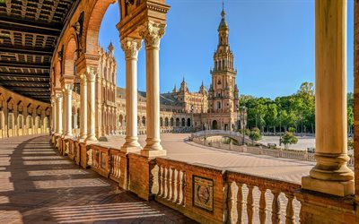 Plaza de Espana, Seville, summer, landmark, city ensemble, Neo-Renaissance, Spain
