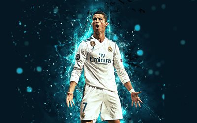 4k, Cristiano Ronaldo, abstract art, football stars, CR7, neon lights, Real Madrid, soccer, Ronaldo, fan art, La Liga, footballers
