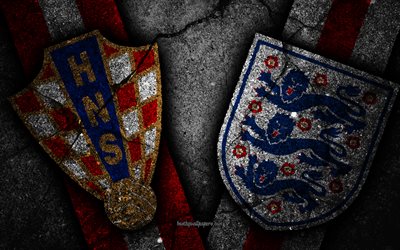 Kroatien vs England, 4k, FOTBOLLS-Vm 2018, Omg&#229;ng 4, logotyp, Ryssland 2018, Fotbolls-Vm, England i fotboll, Kroatien i fotboll, svart sten, Semi-finalen
