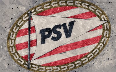 PSV Eindhoven-FC, Philips Sport Vereniging, PSV, 4k, logotyp, geometriska art, Holl&#228;ndsk fotboll club, gr&#229; bakgrund, Eredivisie, Eindhoven, Nederl&#228;nderna, kreativ konst, fotboll