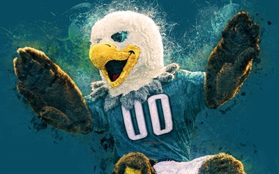 Swoop, official mascot, Philadelphia Eagles, 4k, art, NFL, USA, grunge art, symbol, blue background, paint art, National Football League, NFL mascots, Philadelphia Eagles mascot