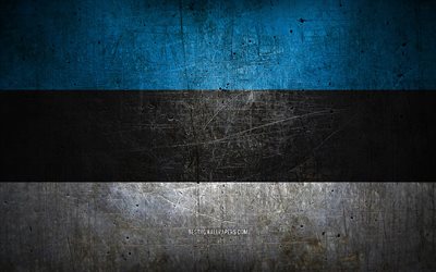 Drapeau en m&#233;tal estonien, art grunge, pays europ&#233;ens, Jour de l’Estonie, symboles nationaux, drapeau estonien, drapeaux en m&#233;tal, drapeau de l’Estonie, Europe, Estonie