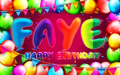 誕生日おめでとう, 4k, カラフルなバルーンフレーム, フェイの名前, 紫の背景, フェイ誕生日, 人気のアメリカ人女性の名前, 誕生日のコンセプト, フェイ