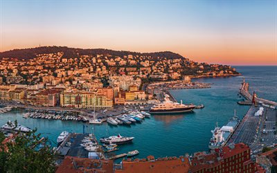 Nice, soir, coucher de soleil, port, C&#244;te dAzur, Mer M&#233;diterran&#233;e, Belle ligne d’horizon, Paysage urbain de Nice, Port Lympia, France