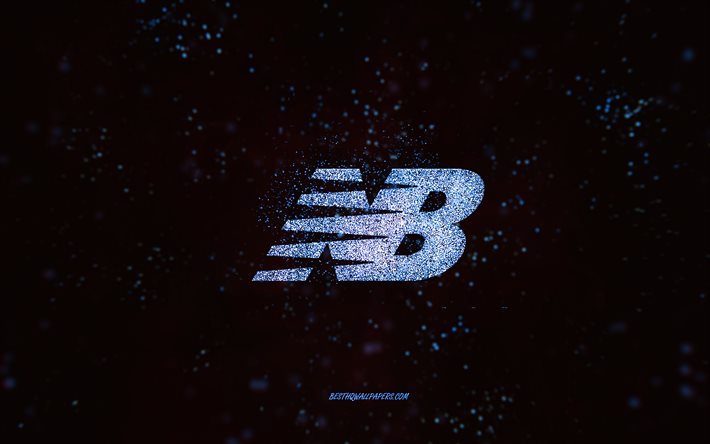 Logotipo da New Balance glitter, 4k, fundo preto, logotipo da New Balance, arte de glitter azul, New Balance, arte criativa, logotipo de glitter azul New Balance