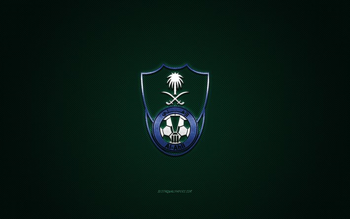 Al Ahli SC, squadra di calcio saudita, SPL, logo blu, sfondo in fibra di carbonio verde, Saudi Professional League, calcio, Jeddah, Arabia Saudita, logo Al Ahli SC