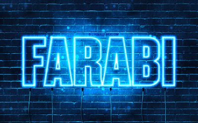 Farabi, 4k, fonds d’&#233;cran avec des noms, nom Farabi, n&#233;ons bleus, Joyeux anniversaire Farabi, noms masculins arabes populaires, image avec nom Farabi