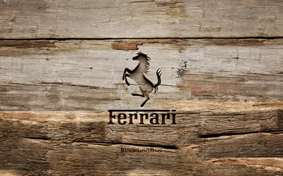 Logotipo de madeira ferrari, 4K, fundo de madeira, marcas de carros, logotipo da Ferrari, criativo, escultura de madeira, Ferrari