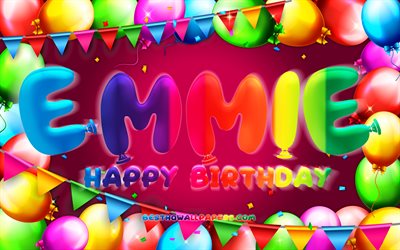 Joyeux anniversaire Emmie, 4k, cadre de ballon color&#233;, nom Emmie, fond violet, Emmie Joyeux anniversaire, Emmie Anniversaire, noms f&#233;minins am&#233;ricains populaires, Concept d’anniversaire, Emmie