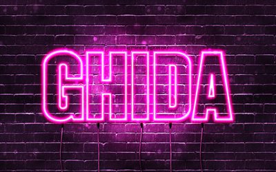 Ghida, 4k, sfondi con nomi, nomi femminili, nome Ghida, luci al neon viola, Happy Birthday Ghida, nomi femminili arabi popolari, foto con nome Ghida