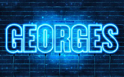 Georges, 4k, fonds d’&#233;cran avec des noms, nom Georges, n&#233;ons bleus, Joyeux anniversaire Georges, noms masculins arabes populaires, image avec le nom Georges
