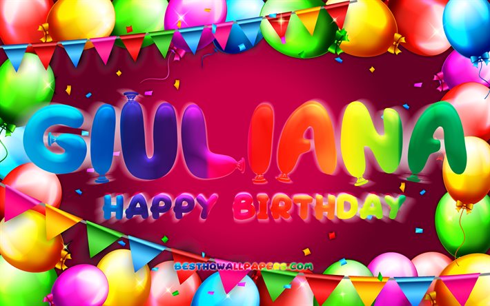 Joyeux anniversaire Giuliana, 4k, cadre de ballon color&#233;, nom Giuliana, fond violet, Giuliana Joyeux anniversaire, Giuliana anniversaire, noms f&#233;minins am&#233;ricains populaires, Concept d’anniversaire, Giuliana