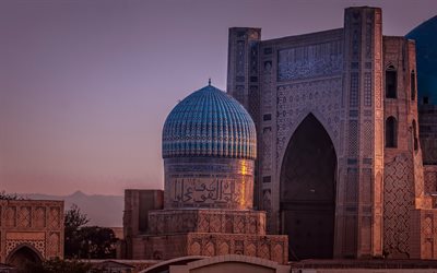 Moschea Bibi-Khanym, Khanum, sera, tramonto, moschea, Samarcanda, Uzbekistan, punto di riferimento di Samarcanda