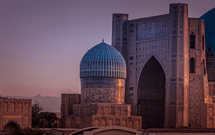Mesquita Bibi-Khanym, Khanum, noite, p&#244;r do sol, mesquita, Samarkand, Uzbequist&#227;o, Samarkand marco