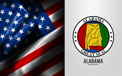 Sigillo dell&#39;Alabama, bandiera degli Stati Uniti, emblema dell&#39;Alabama, stemma dell&#39;Alabama, distintivo dell&#39;Alabama, bandiera americana, Stati Uniti d&#39;America